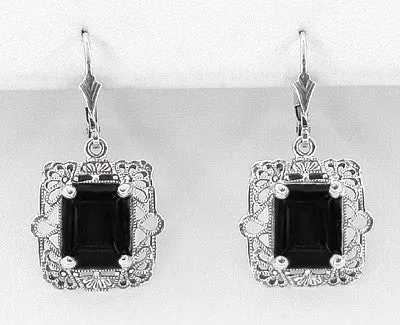 Art Deco Filigree Black Onyx Antique Style Earrings in Sterling Silver