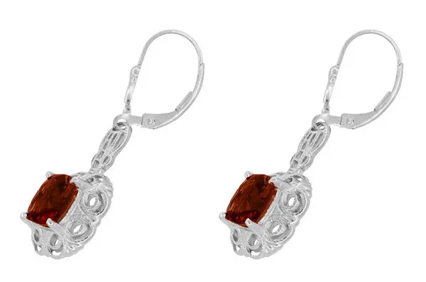 Art Deco Filigree Cushion Cut Almandine Garnet Drop Earrings in Sterling Silver
