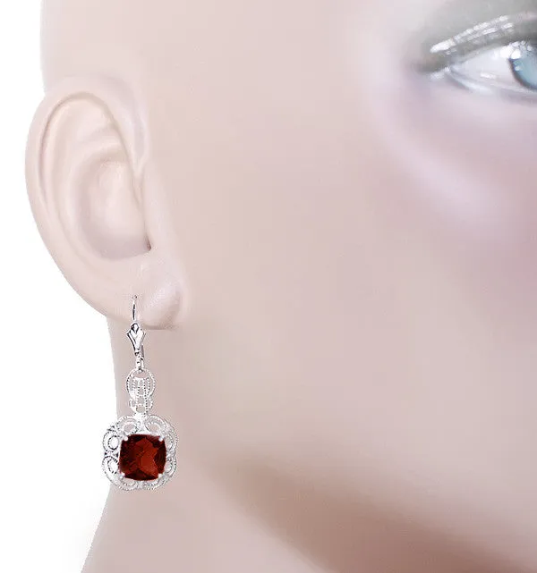 Art Deco Filigree Cushion Cut Almandine Garnet Drop Earrings in Sterling Silver