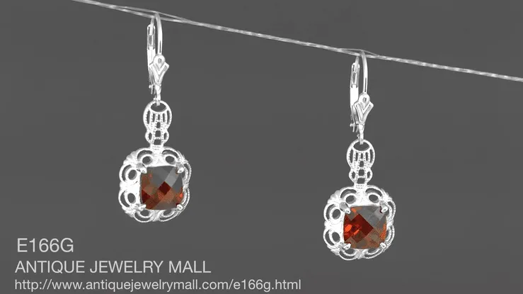 Art Deco Filigree Cushion Cut Almandine Garnet Drop Earrings in Sterling Silver