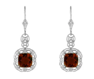 Art Deco Filigree Cushion Cut Almandine Garnet Drop Earrings in Sterling Silver