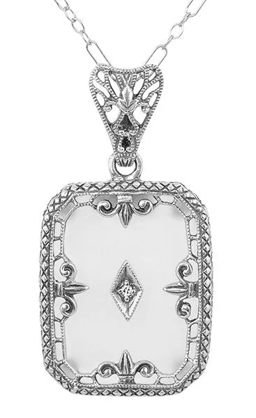 Art Deco Filigree Fleur de Lis Camphor Crystal and Diamond Pendant Necklace in Sterling Silver