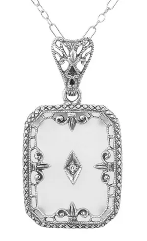 Art Deco Filigree Fleur de Lis Camphor Crystal and Diamond Pendant Necklace in Sterling Silver
