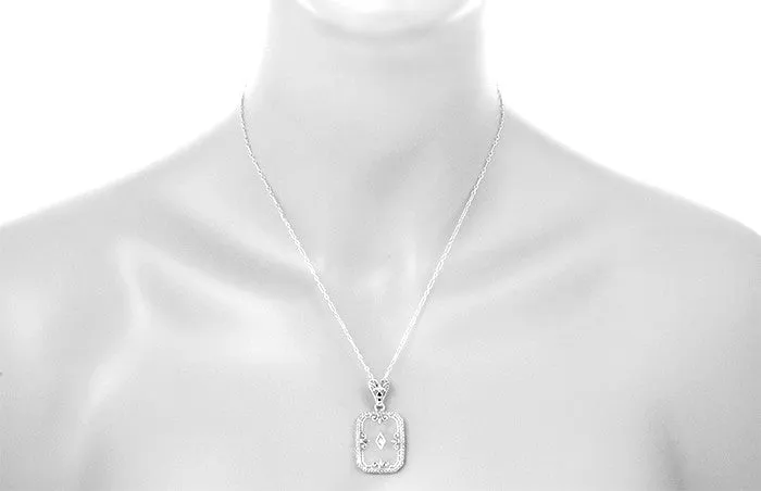 Art Deco Filigree Fleur de Lis Camphor Crystal and Diamond Pendant Necklace in Sterling Silver