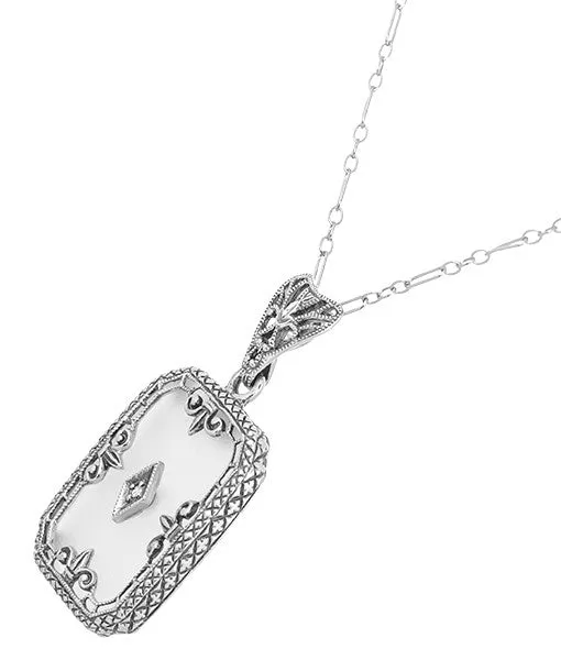 Art Deco Filigree Fleur de Lis Camphor Crystal and Diamond Pendant Necklace in Sterling Silver