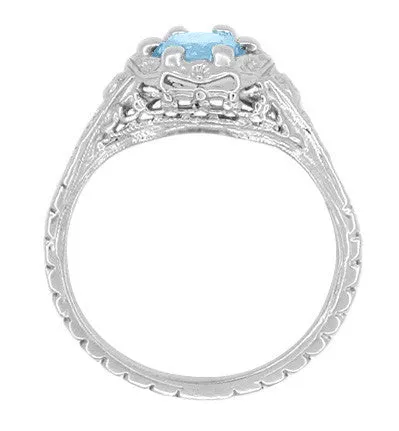 Art Deco Filigree Flowers Blue Topaz Promise Ring in Sterling Silver