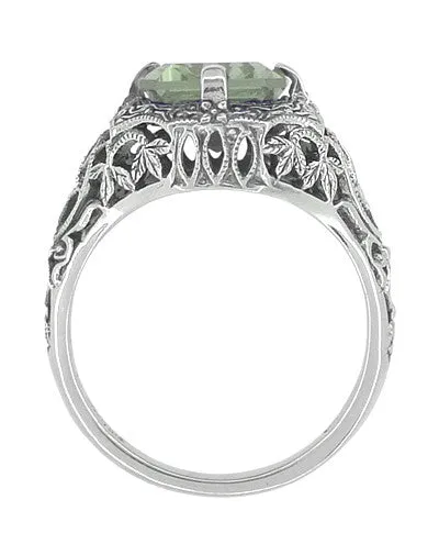 Art Deco Flowers and Leaves Emerald Cut Prasiolite ( Green Amethyst ) Filigree Ring in Sterling Silver