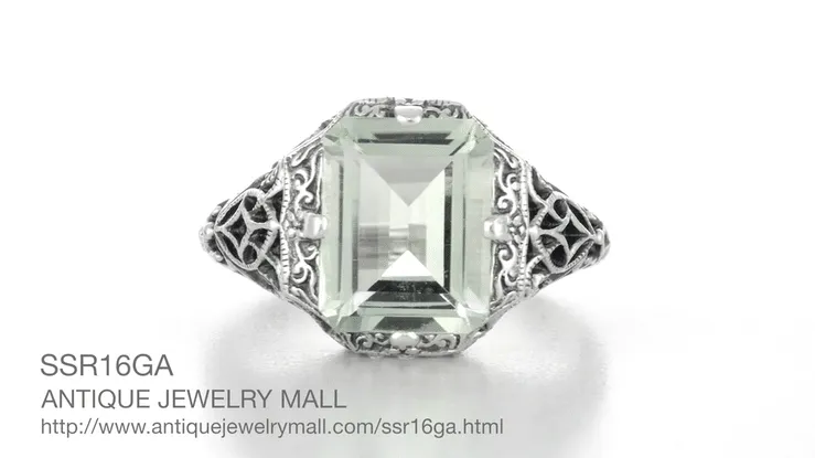 Art Deco Flowers and Leaves Emerald Cut Prasiolite ( Green Amethyst ) Filigree Ring in Sterling Silver