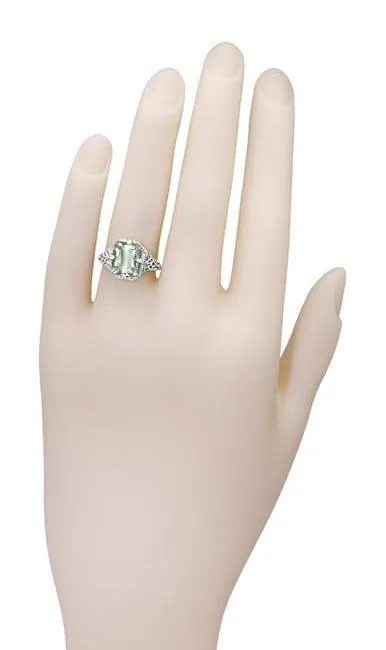 Art Deco Flowers and Leaves Emerald Cut Prasiolite ( Green Amethyst ) Filigree Ring in Sterling Silver