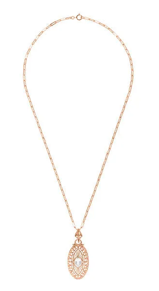 Art Deco Oval White Topaz Filigree Rose Gold Vermeil Pendant Necklace in Sterling Silver