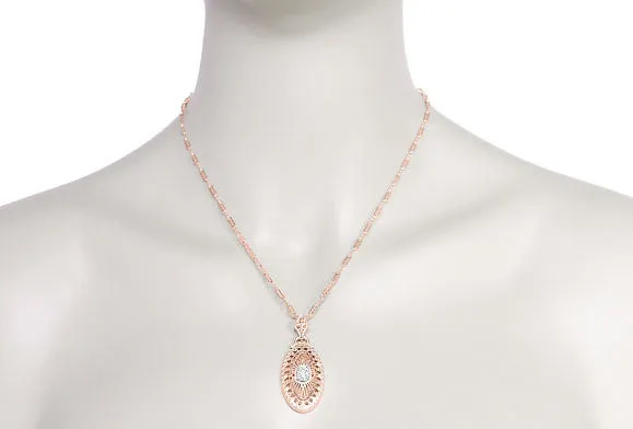 Art Deco Oval White Topaz Filigree Rose Gold Vermeil Pendant Necklace in Sterling Silver