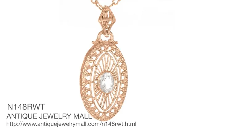 Art Deco Oval White Topaz Filigree Rose Gold Vermeil Pendant Necklace in Sterling Silver