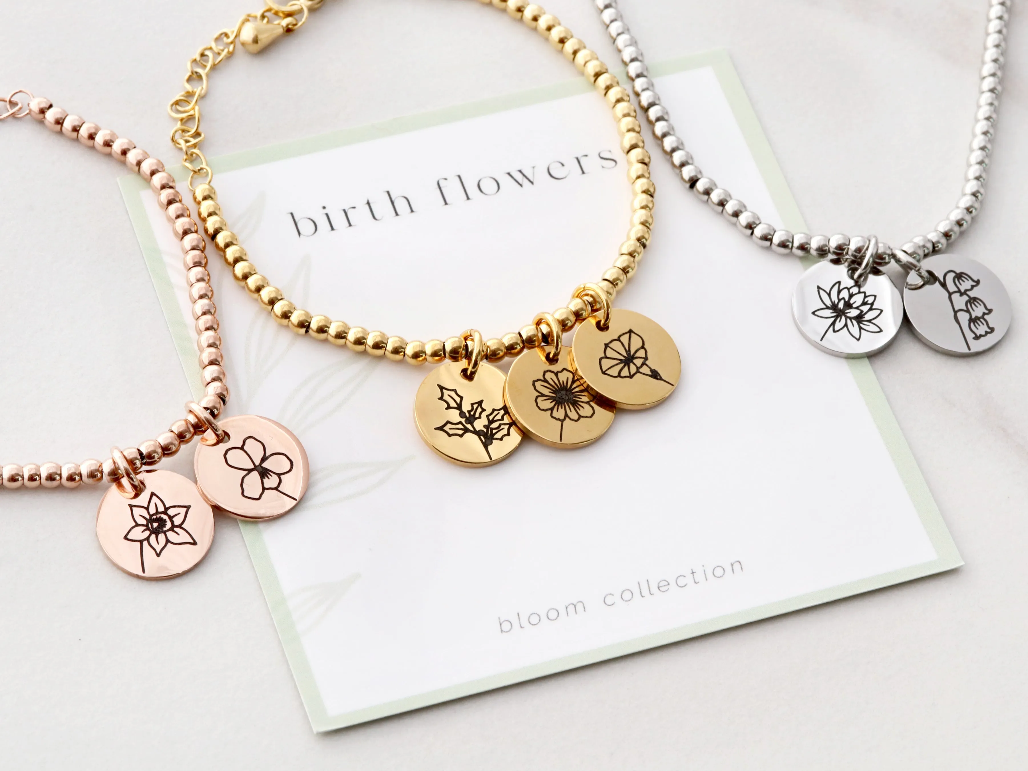 Birth Flower Beaded Bracelet | 13mm Discs