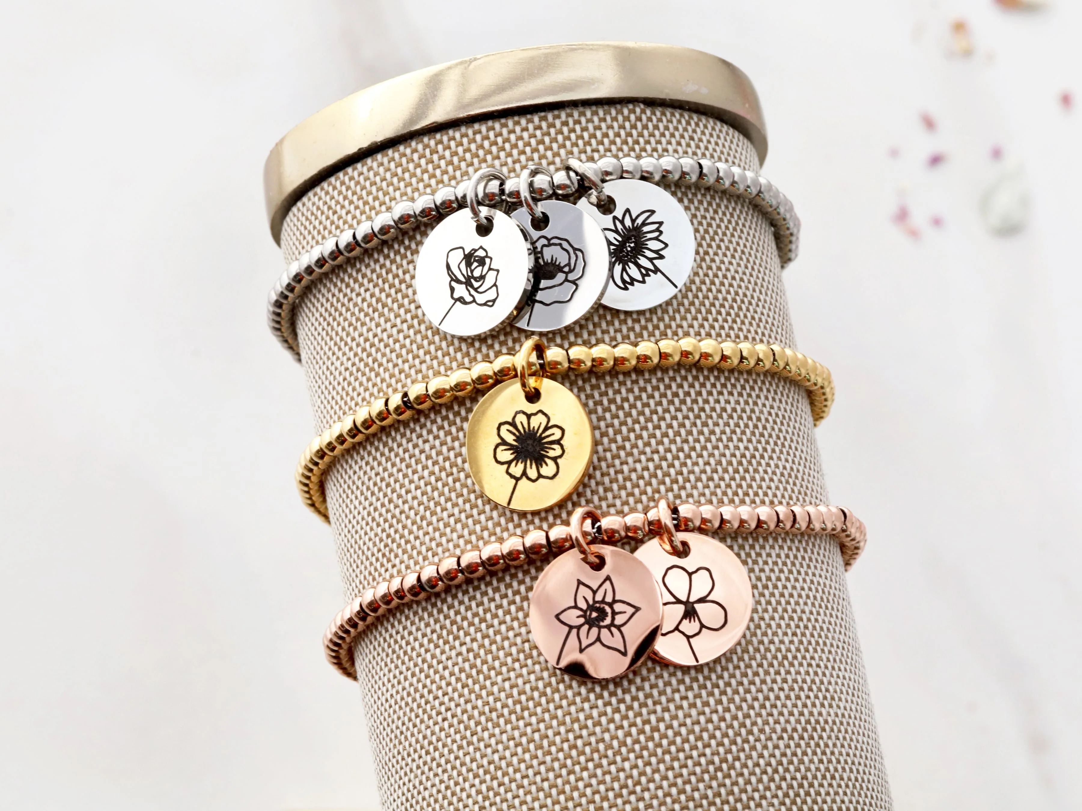 Birth Flower Beaded Bracelet | 13mm Discs
