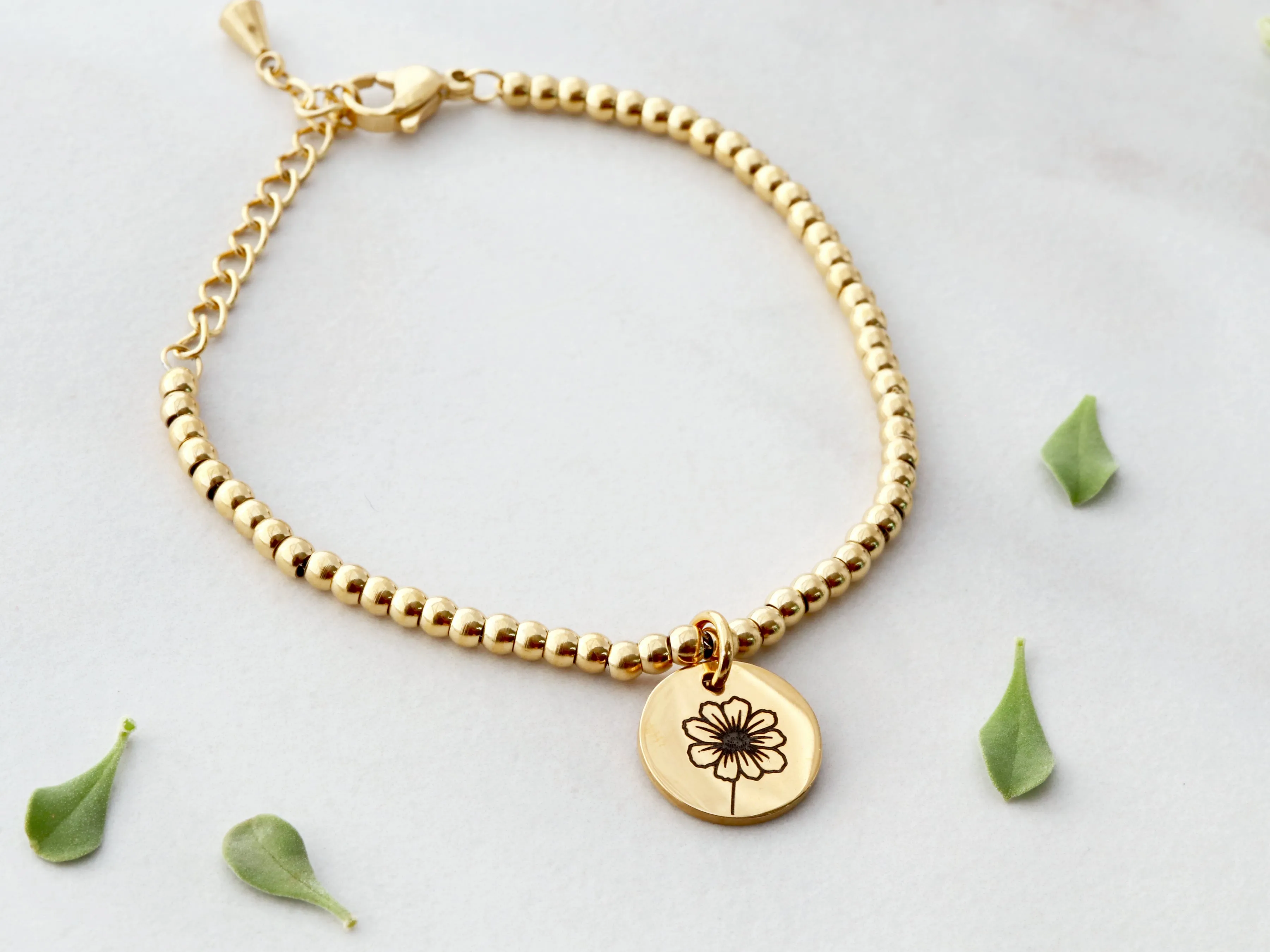 Birth Flower Beaded Bracelet | 13mm Discs