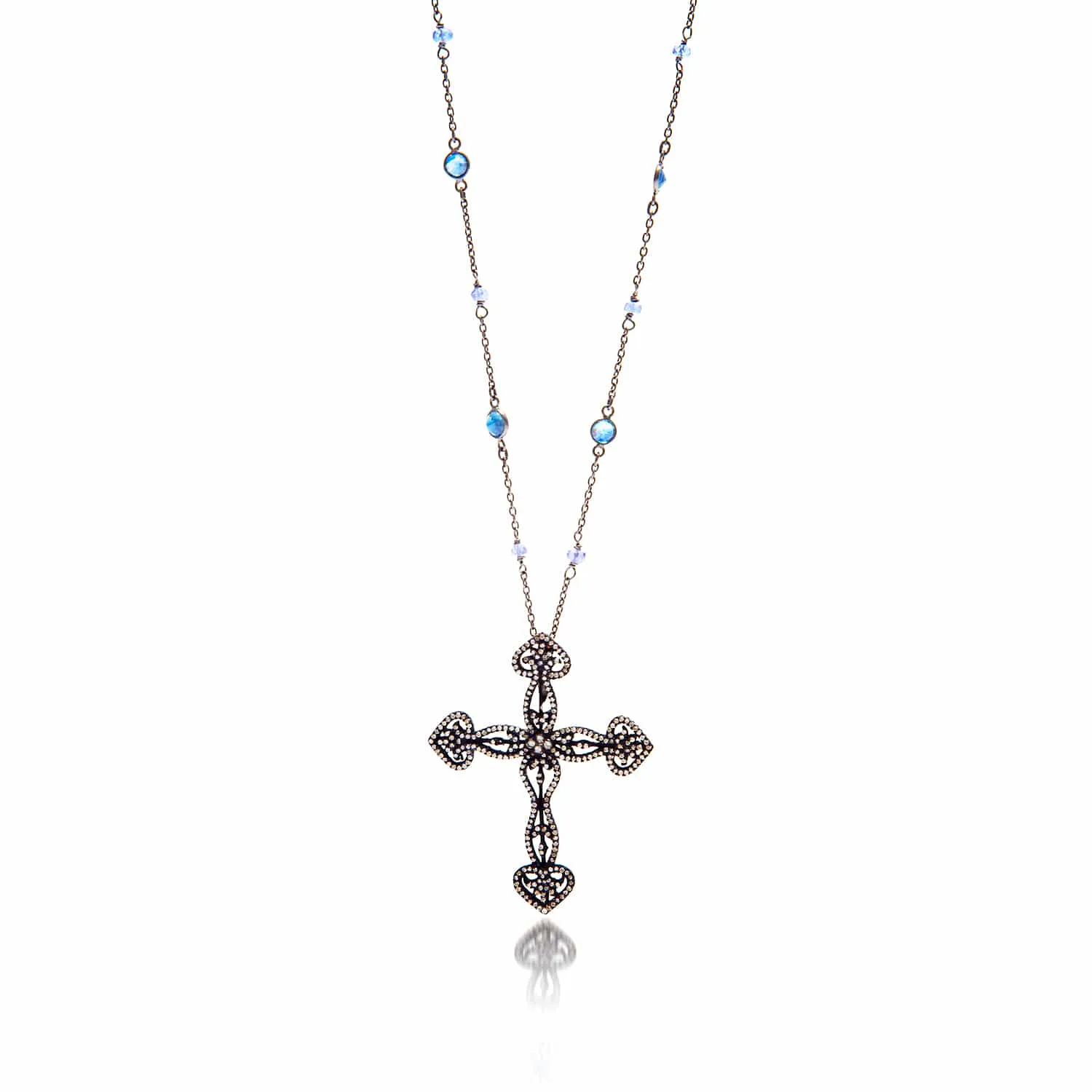Black Blue Sapphire Diamond Cross Pendant