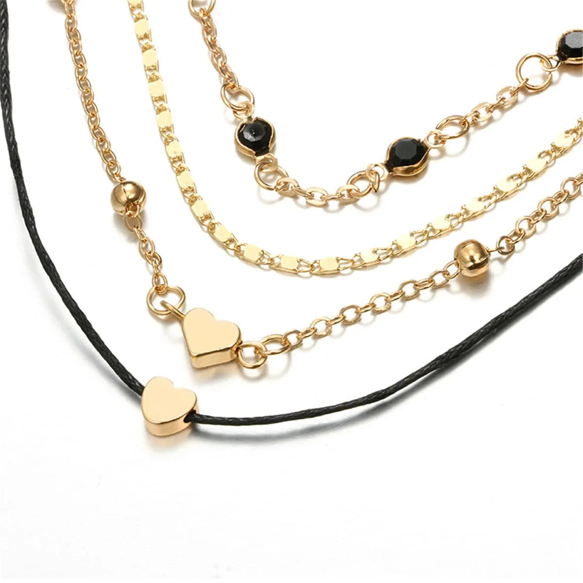 Black Cubic Zirconia & 18K Gold-Plated Bead Heart Bracelet Set