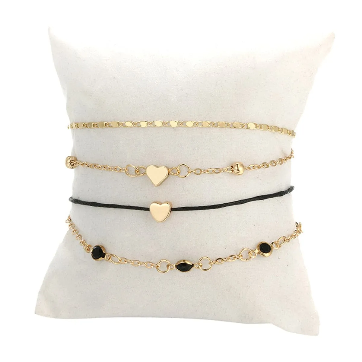 Black Cubic Zirconia & 18K Gold-Plated Bead Heart Bracelet Set