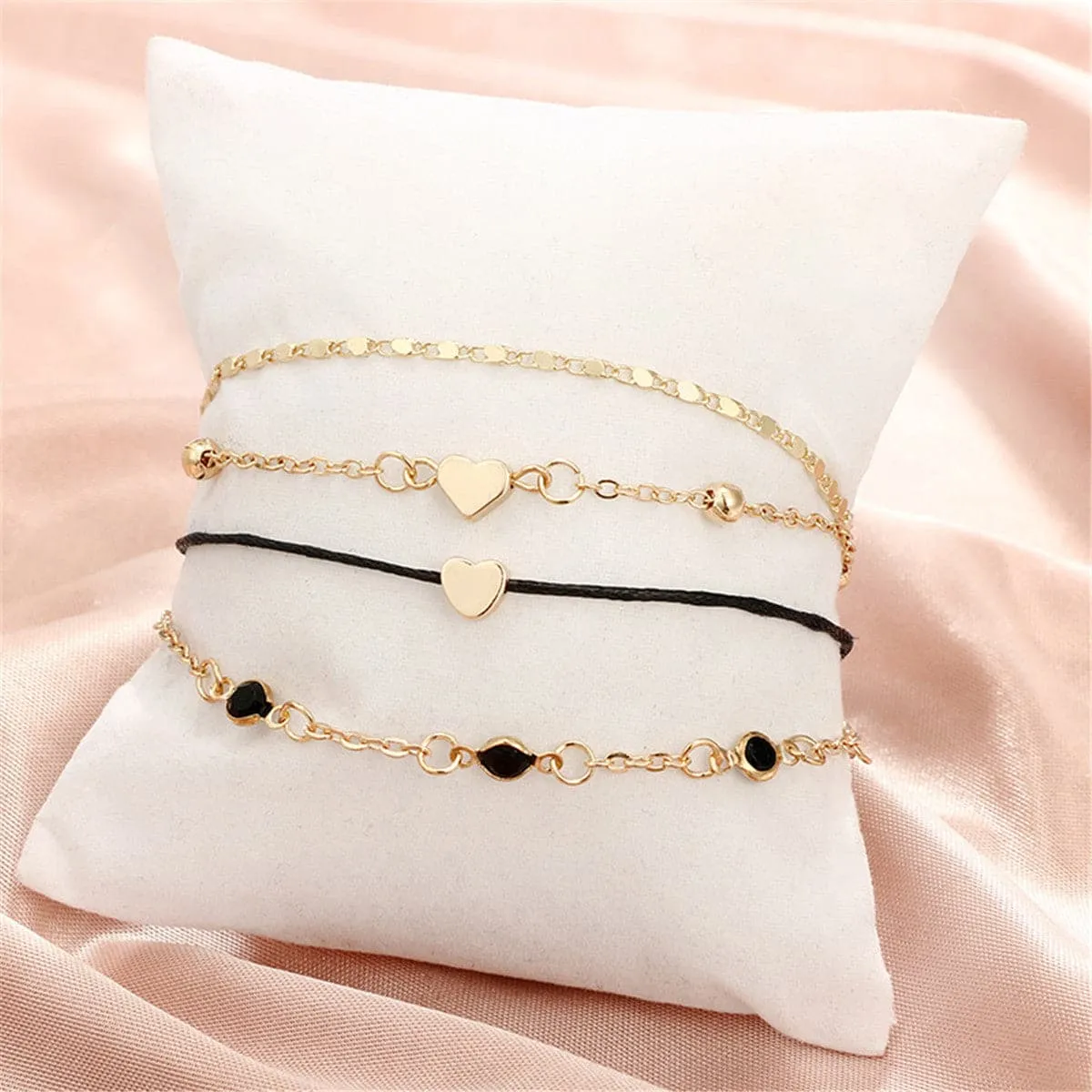 Black Cubic Zirconia & 18K Gold-Plated Bead Heart Bracelet Set