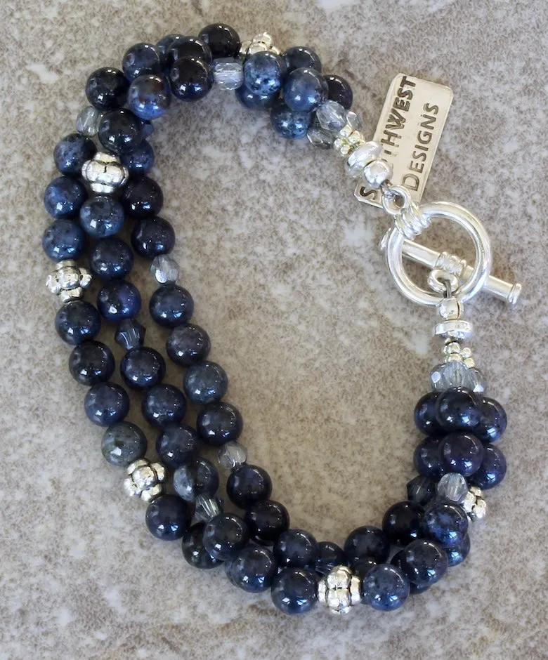 Blue Dumortierite Rounds 3-Strand Bracelet with Czech Glass and Sterling Silver Beads & Toggle Clasp