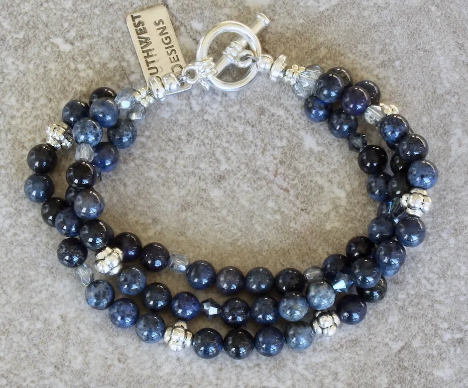 Blue Dumortierite Rounds 3-Strand Bracelet with Czech Glass and Sterling Silver Beads & Toggle Clasp