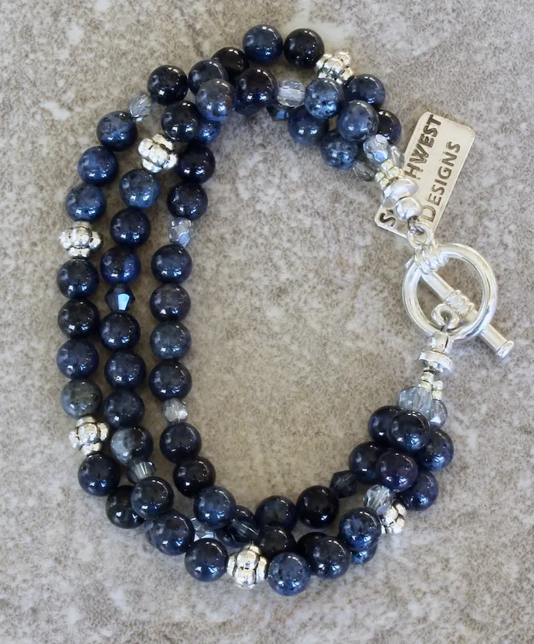 Blue Dumortierite Rounds 3-Strand Bracelet with Czech Glass and Sterling Silver Beads & Toggle Clasp