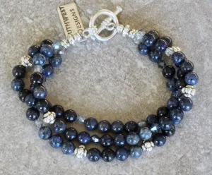 Blue Dumortierite Rounds 3-Strand Bracelet with Czech Glass and Sterling Silver Beads & Toggle Clasp
