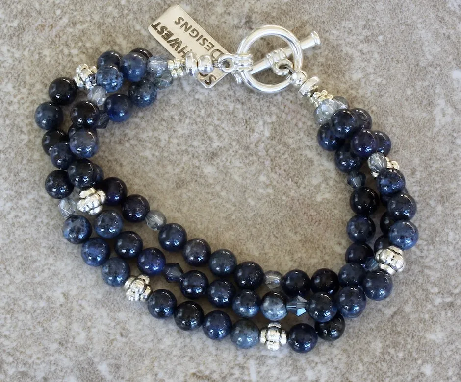 Blue Dumortierite Rounds 3-Strand Bracelet with Czech Glass and Sterling Silver Beads & Toggle Clasp
