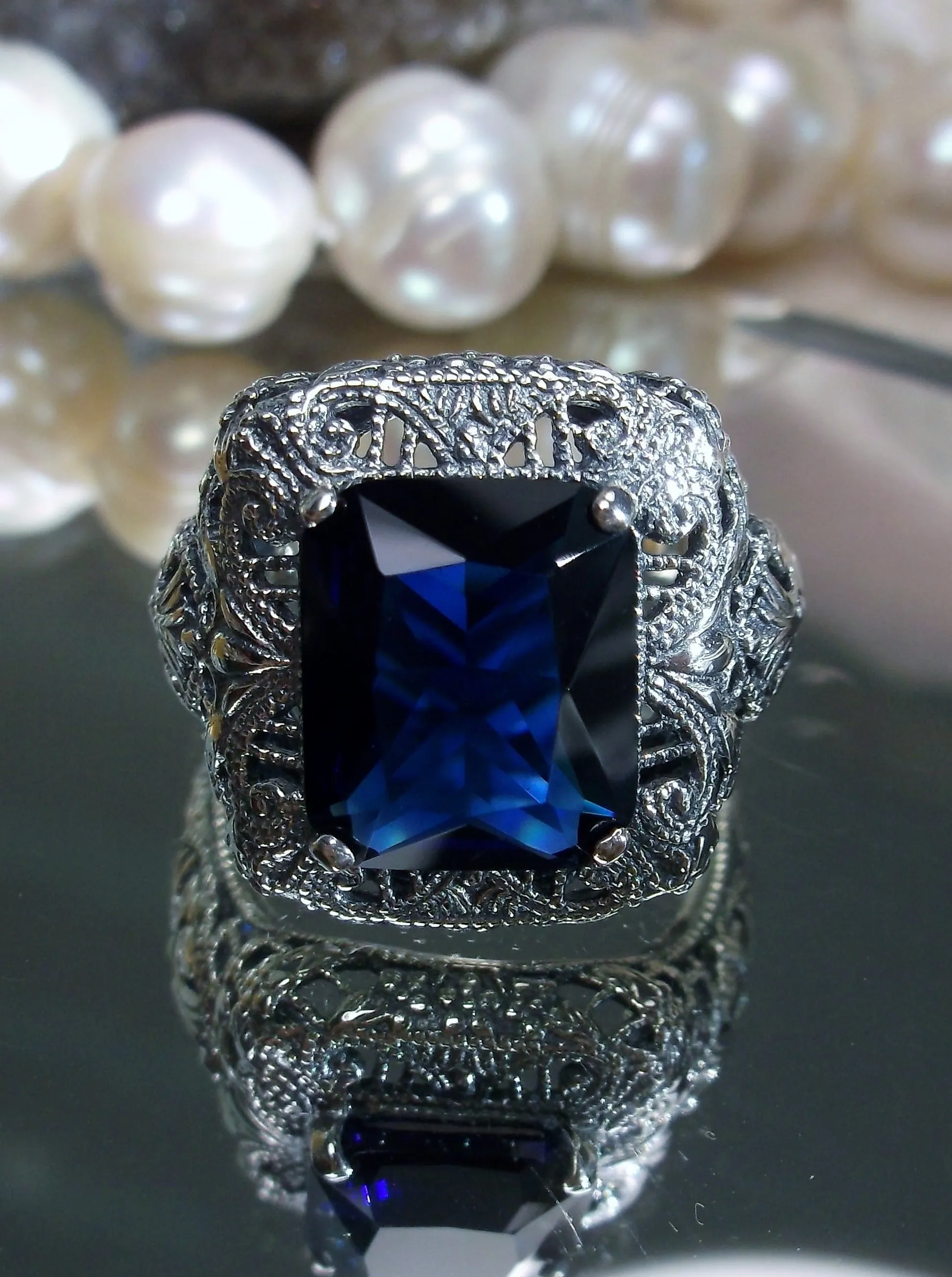 Blue Sapphire Ring, Intricate Victorian Jewelry #D149