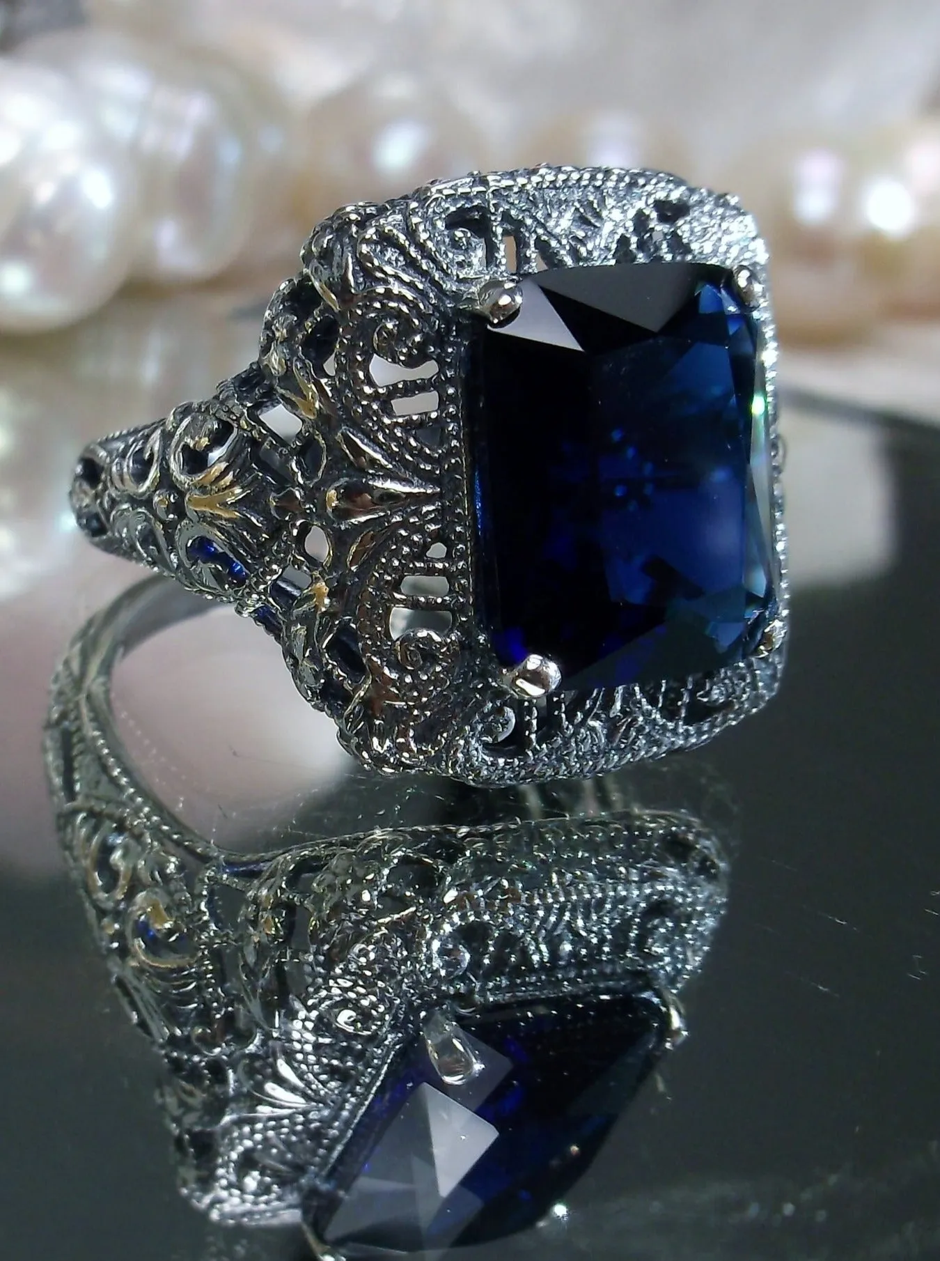 Blue Sapphire Ring, Intricate Victorian Jewelry #D149
