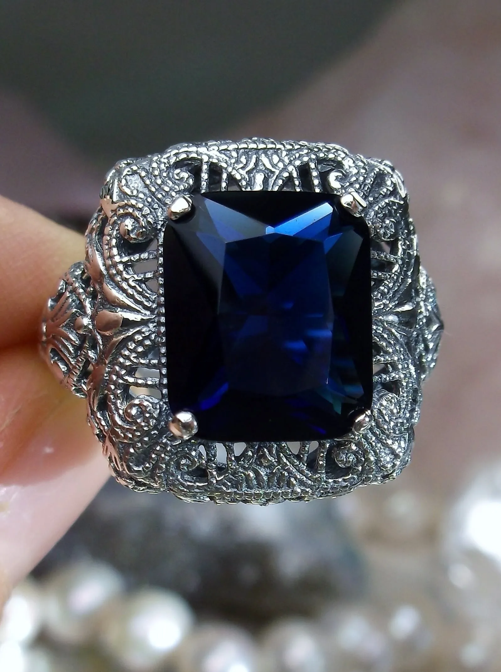Blue Sapphire Ring, Intricate Victorian Jewelry #D149