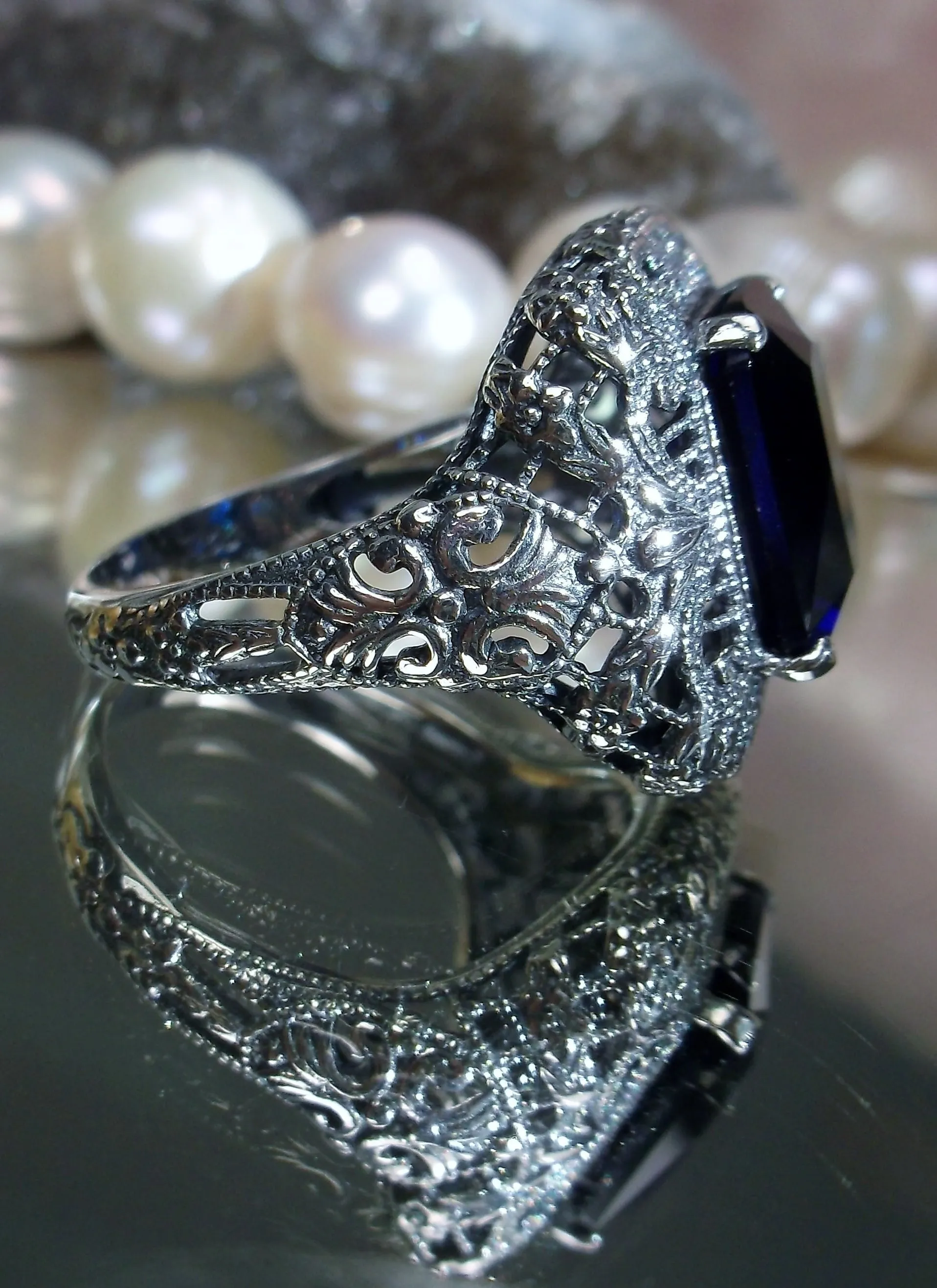 Blue Sapphire Ring, Intricate Victorian Jewelry #D149