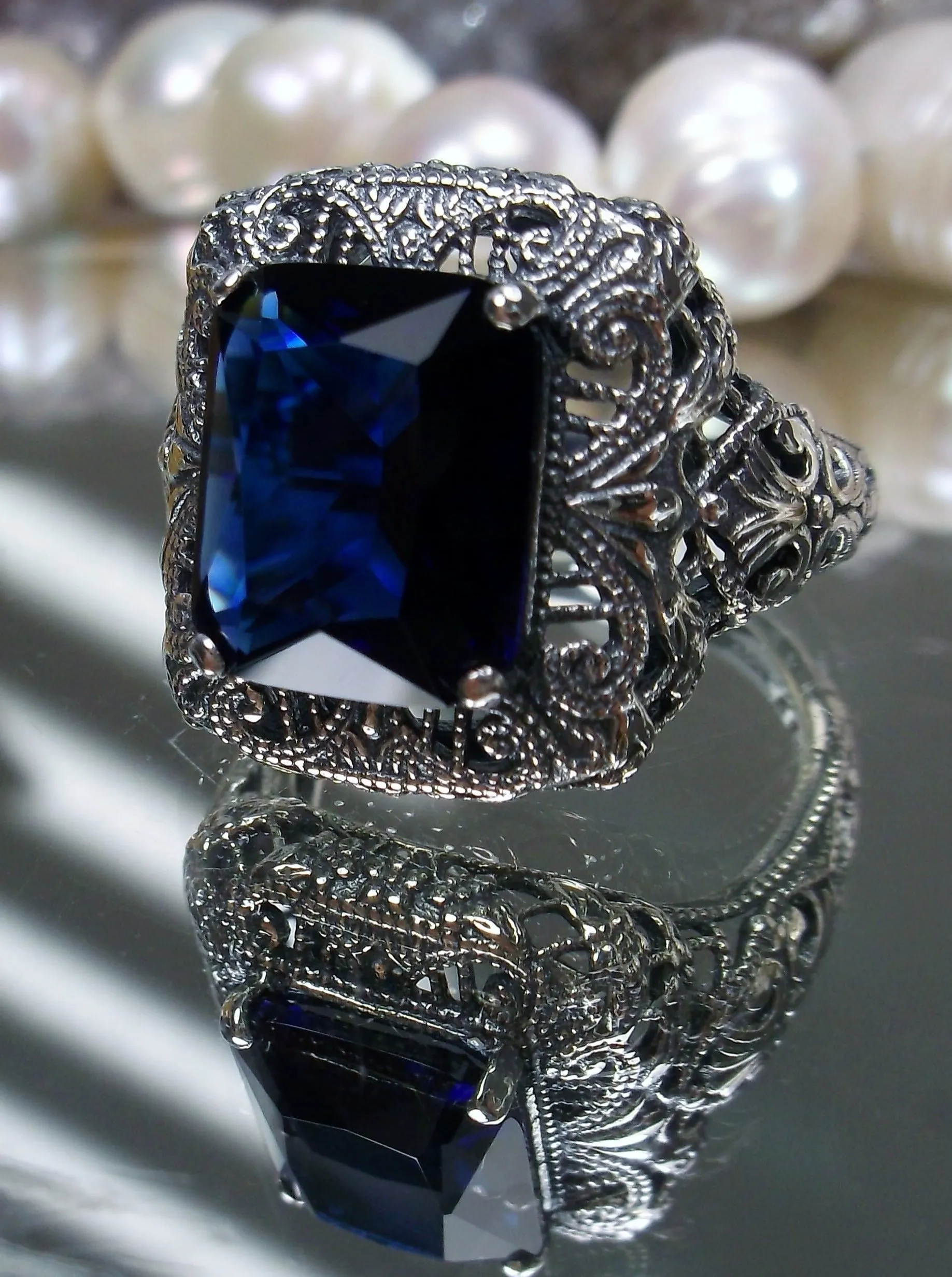 Blue Sapphire Ring, Intricate Victorian Jewelry #D149