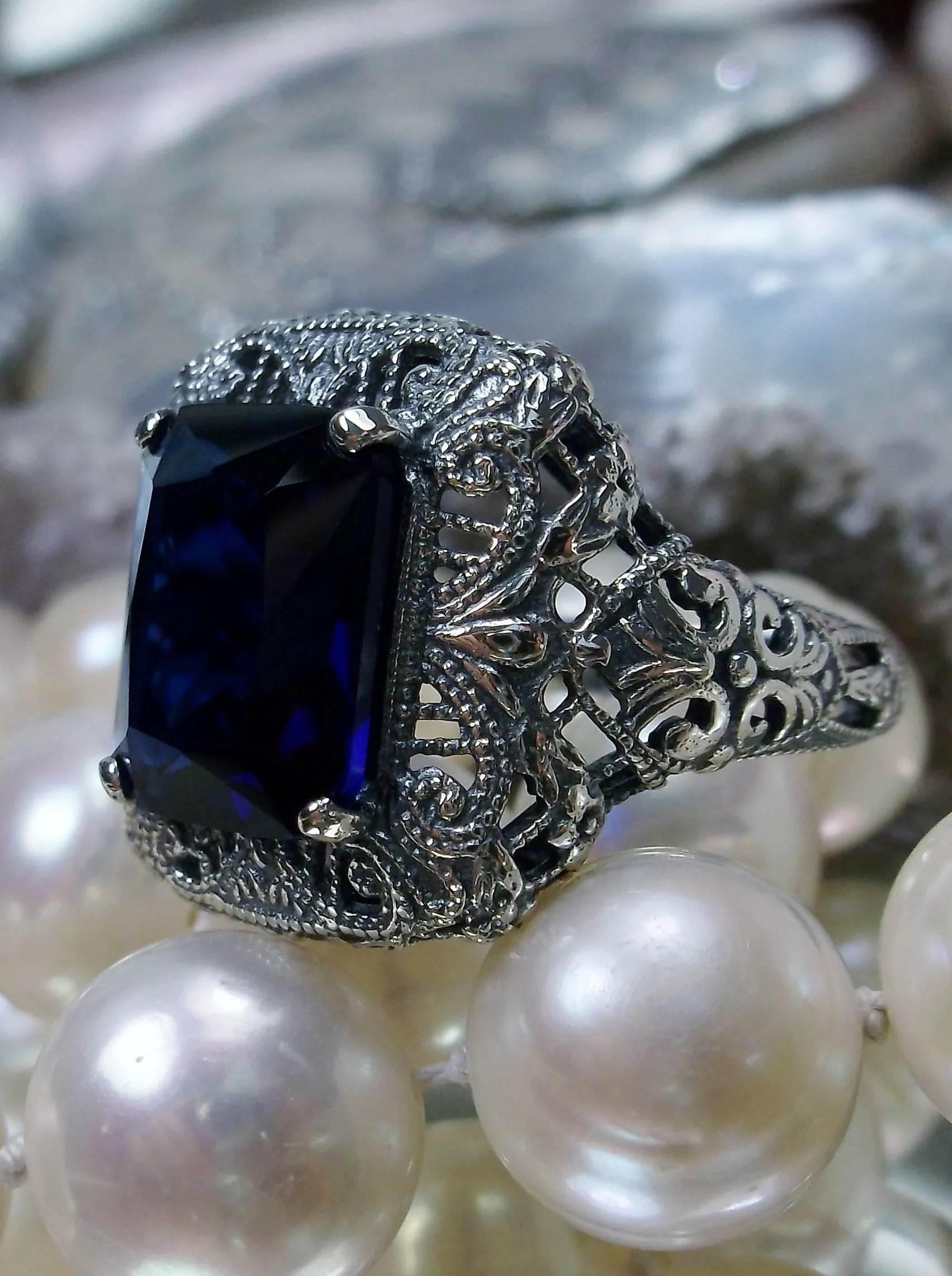 Blue Sapphire Ring, Intricate Victorian Jewelry #D149