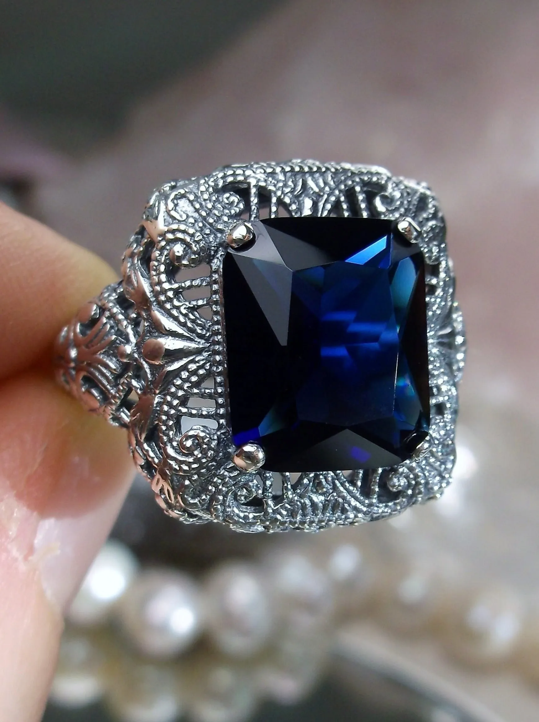 Blue Sapphire Ring, Intricate Victorian Jewelry #D149