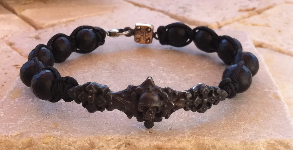 Bracelet - Bronze Skull Bar Onyx  Beads