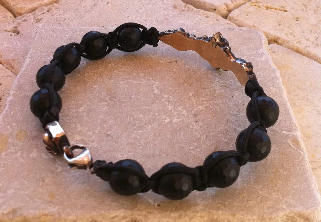 Bracelet - Bronze Skull Bar Onyx  Beads