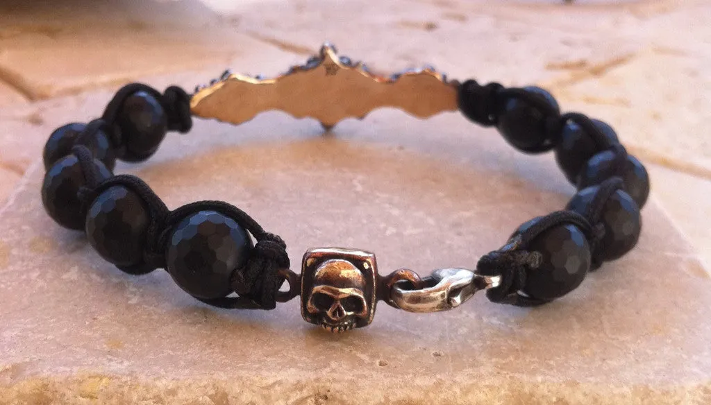 Bracelet - Bronze Skull Bar Onyx  Beads