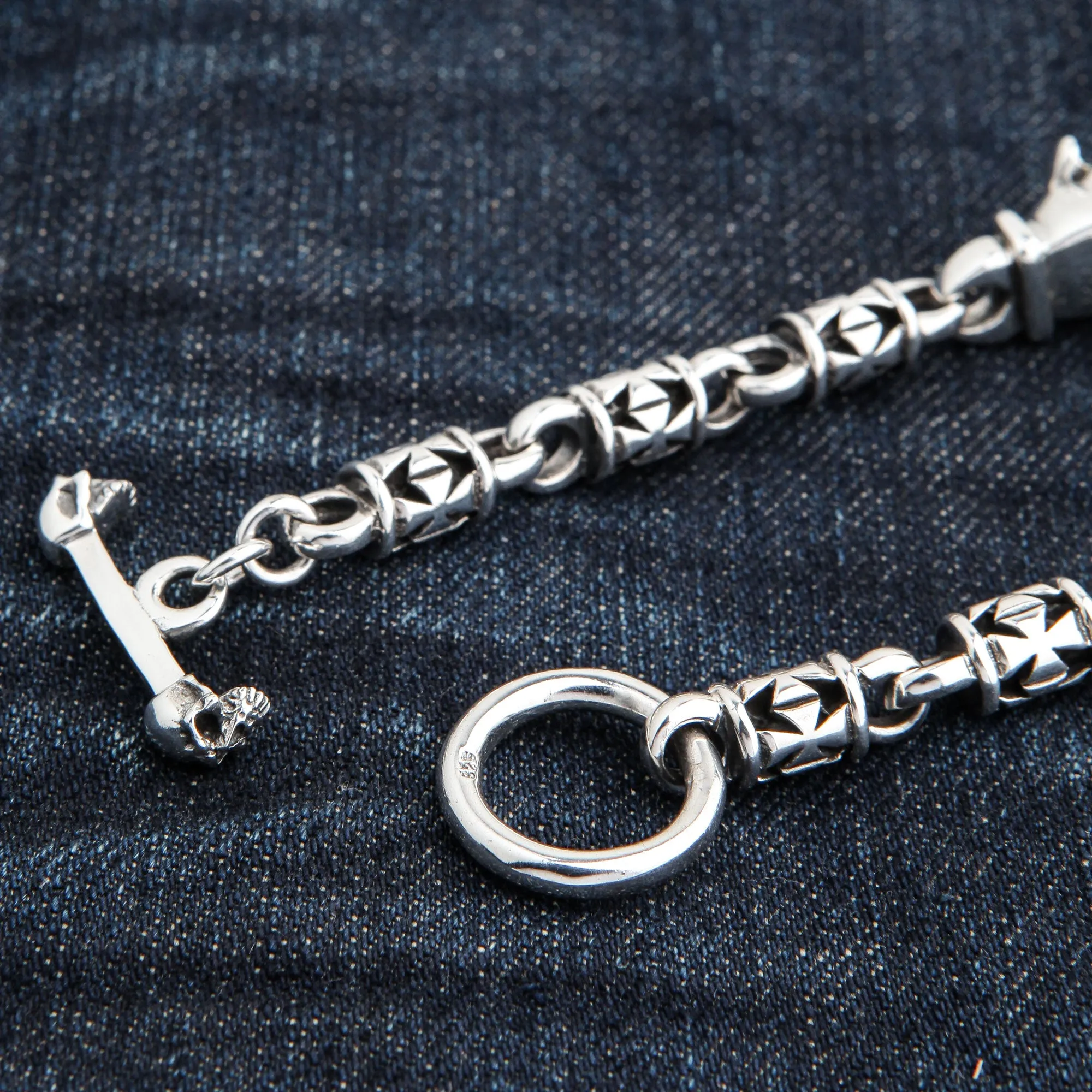 Bulldog Dog Head Sterling Silver Biker Bracelet
