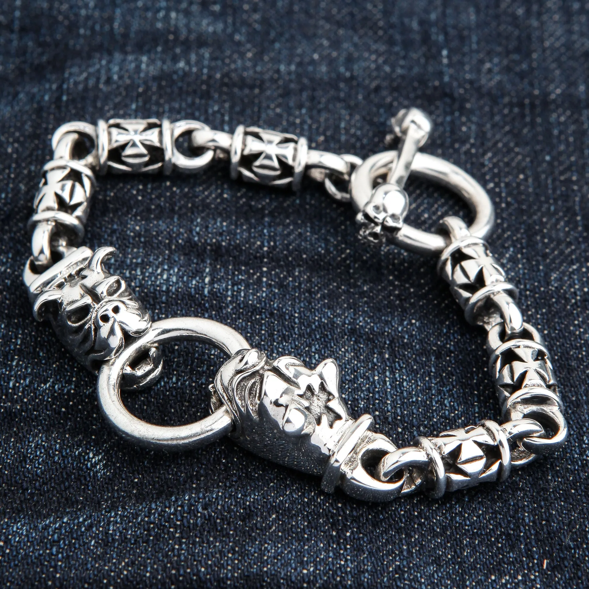 Bulldog Dog Head Sterling Silver Biker Bracelet
