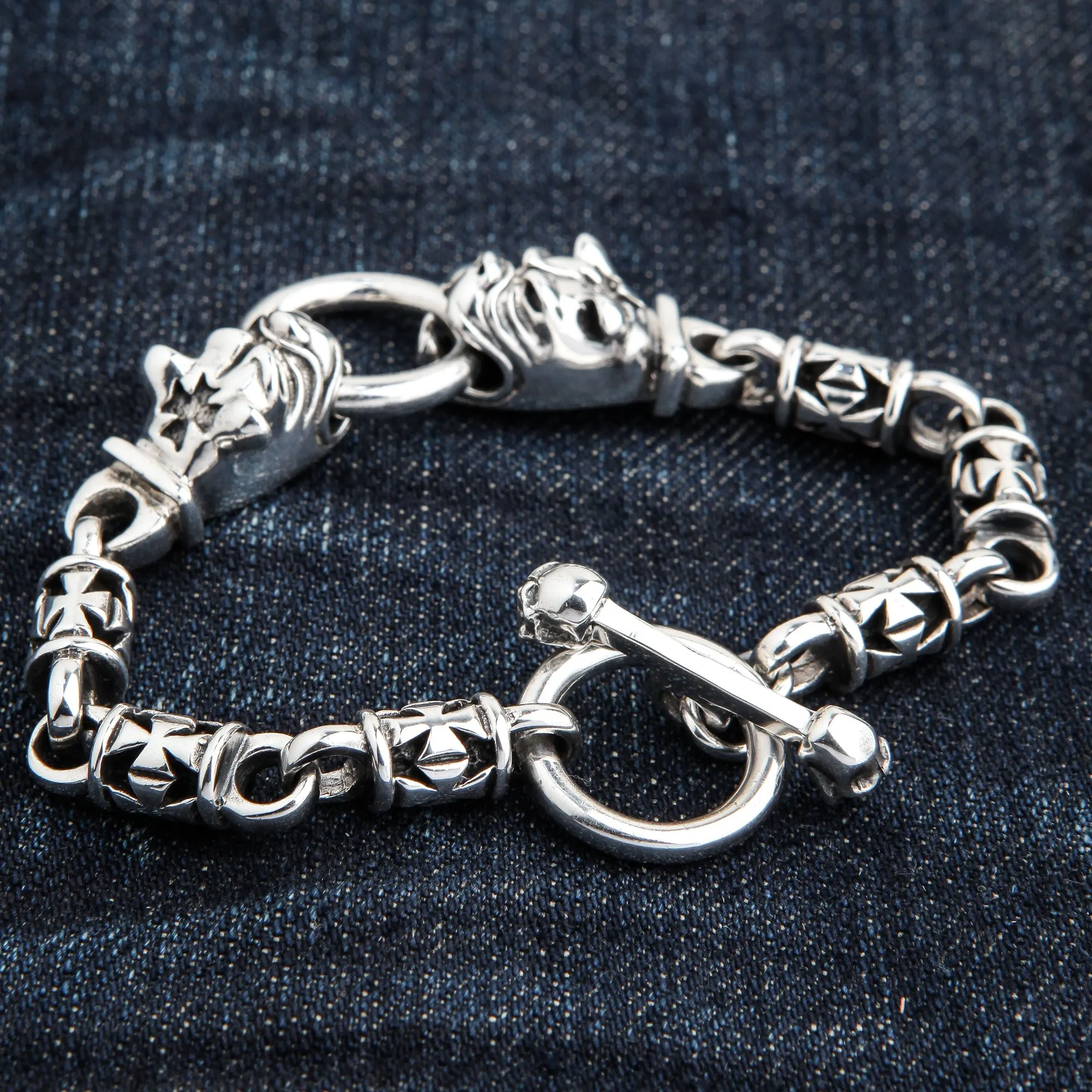 Bulldog Dog Head Sterling Silver Biker Bracelet