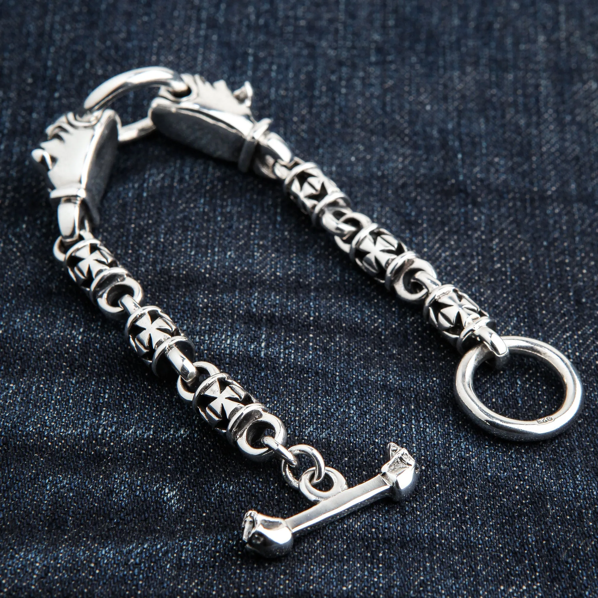 Bulldog Dog Head Sterling Silver Biker Bracelet