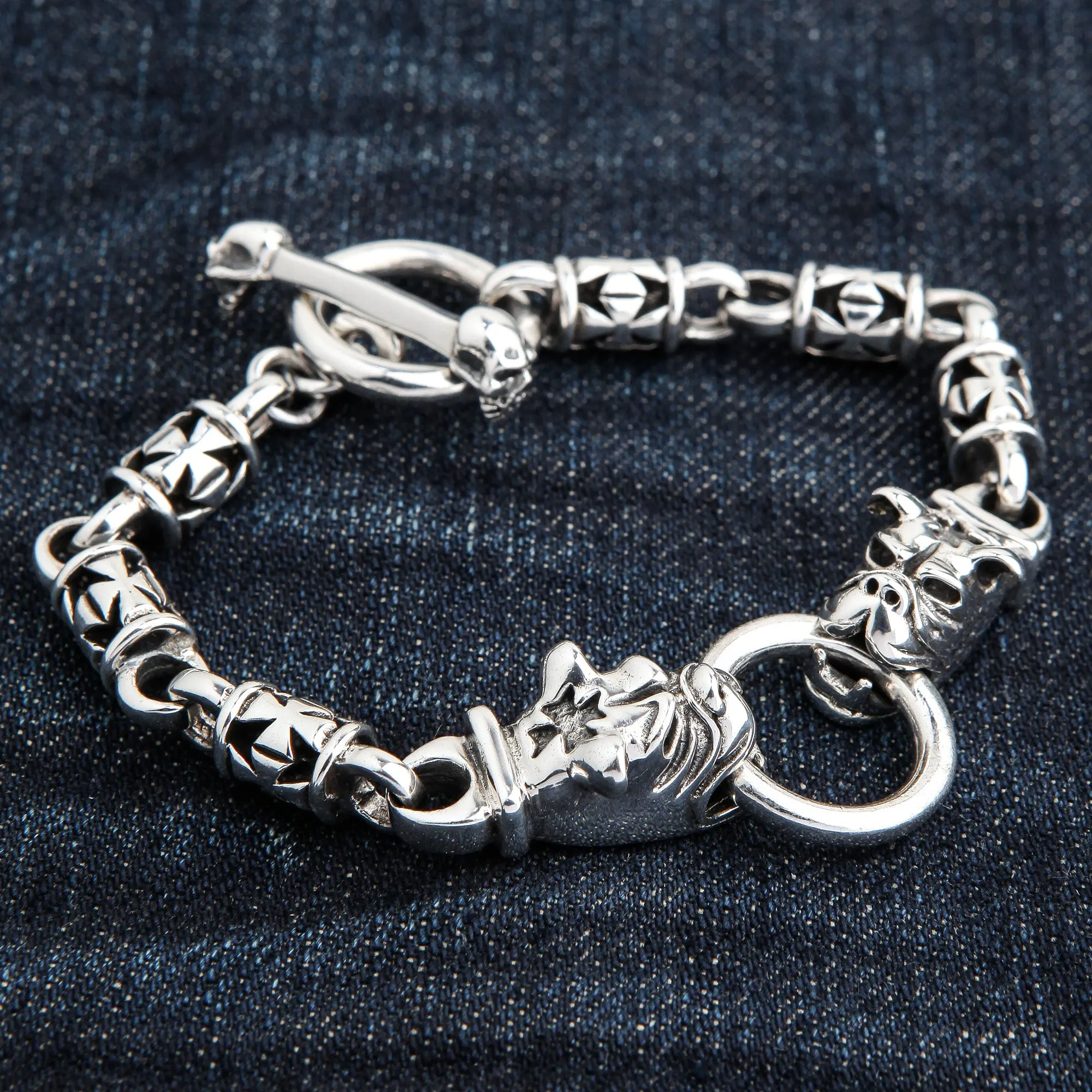 Bulldog Dog Head Sterling Silver Biker Bracelet