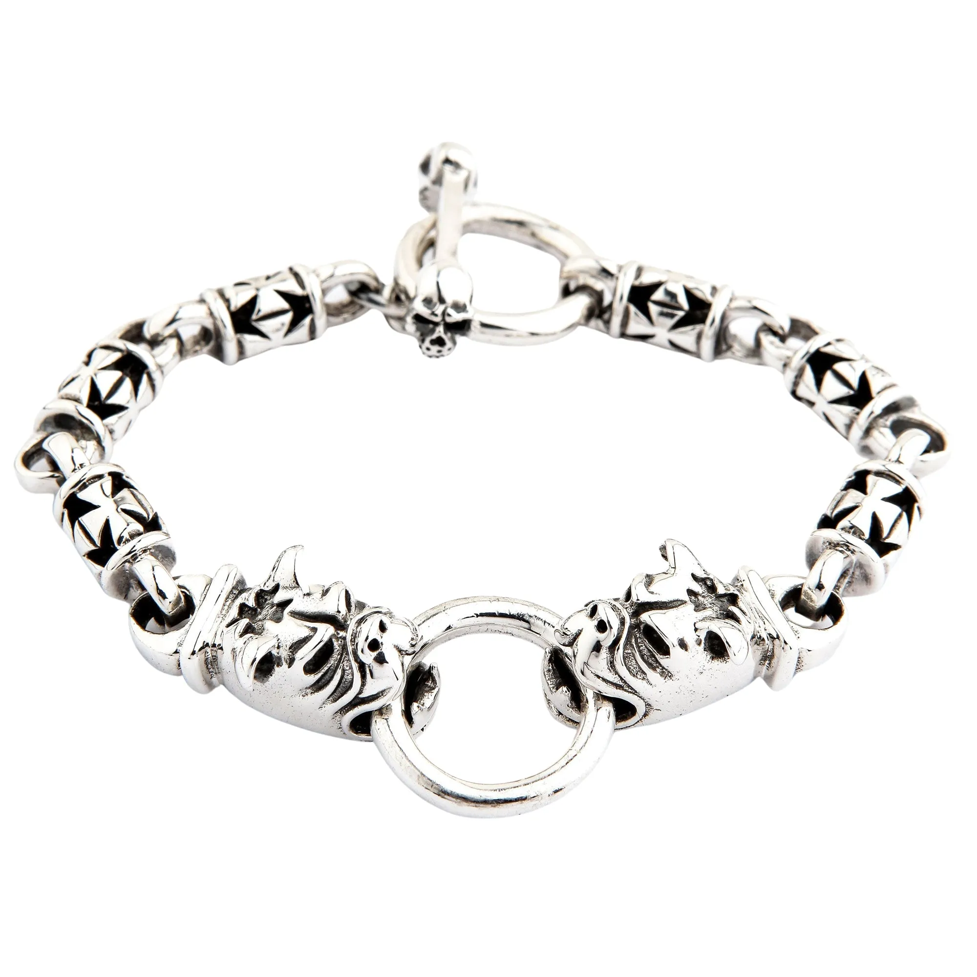 Bulldog Dog Head Sterling Silver Biker Bracelet