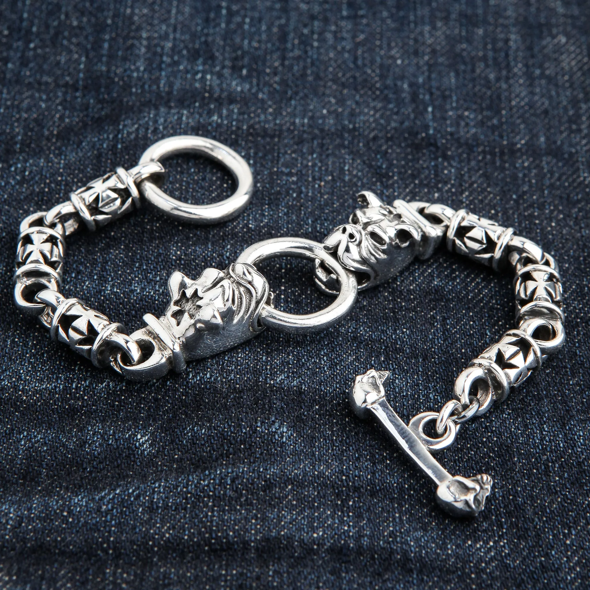 Bulldog Dog Head Sterling Silver Biker Bracelet