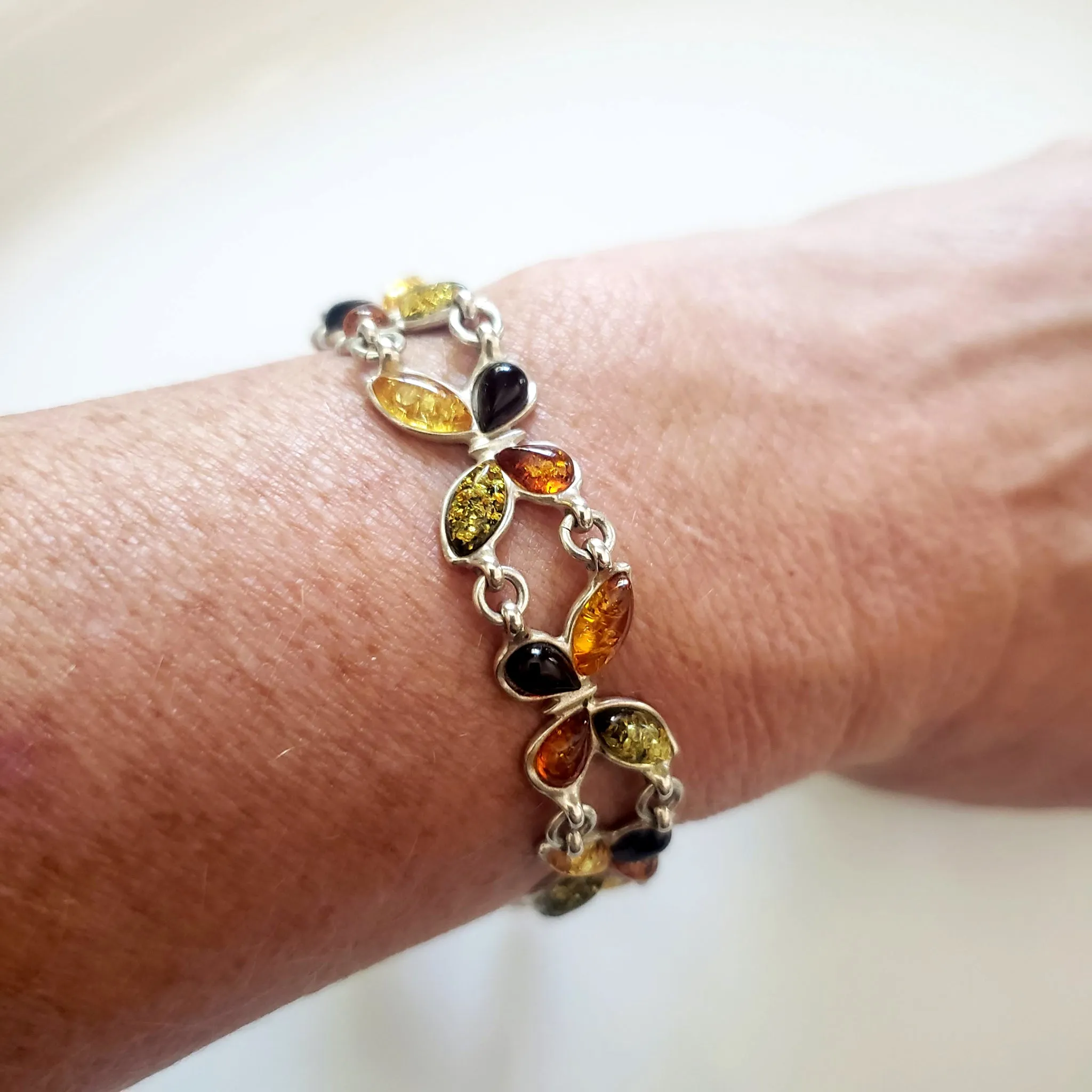 Butterfly Silver Bracelet with Amber Beads