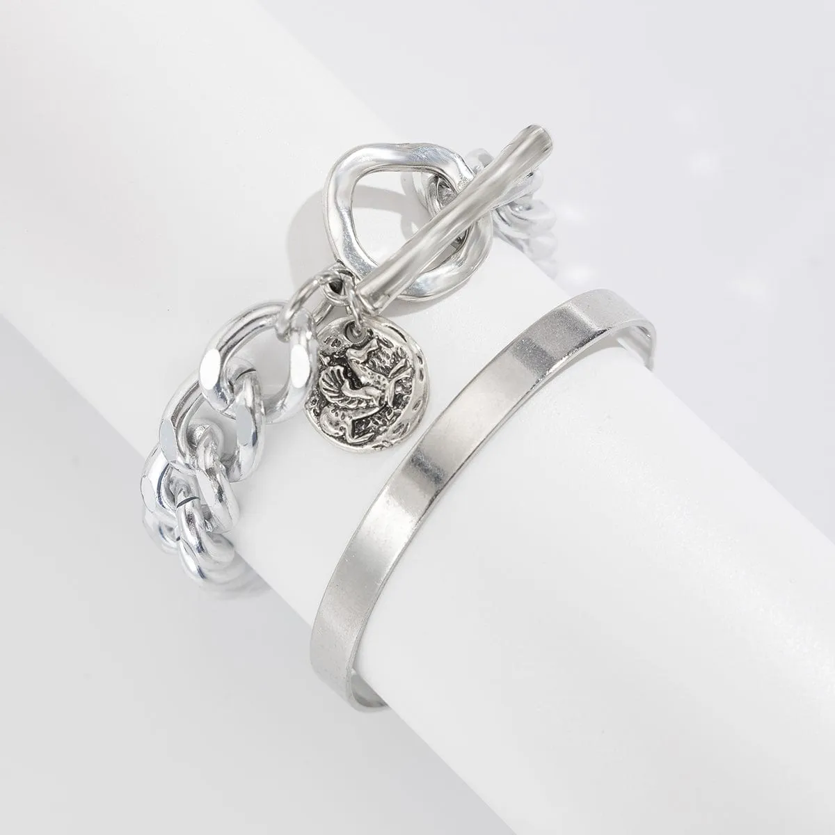 Chic 2pcs Silver Tone Toggle Clasp Relief Round Disk Charm Bracelet Set