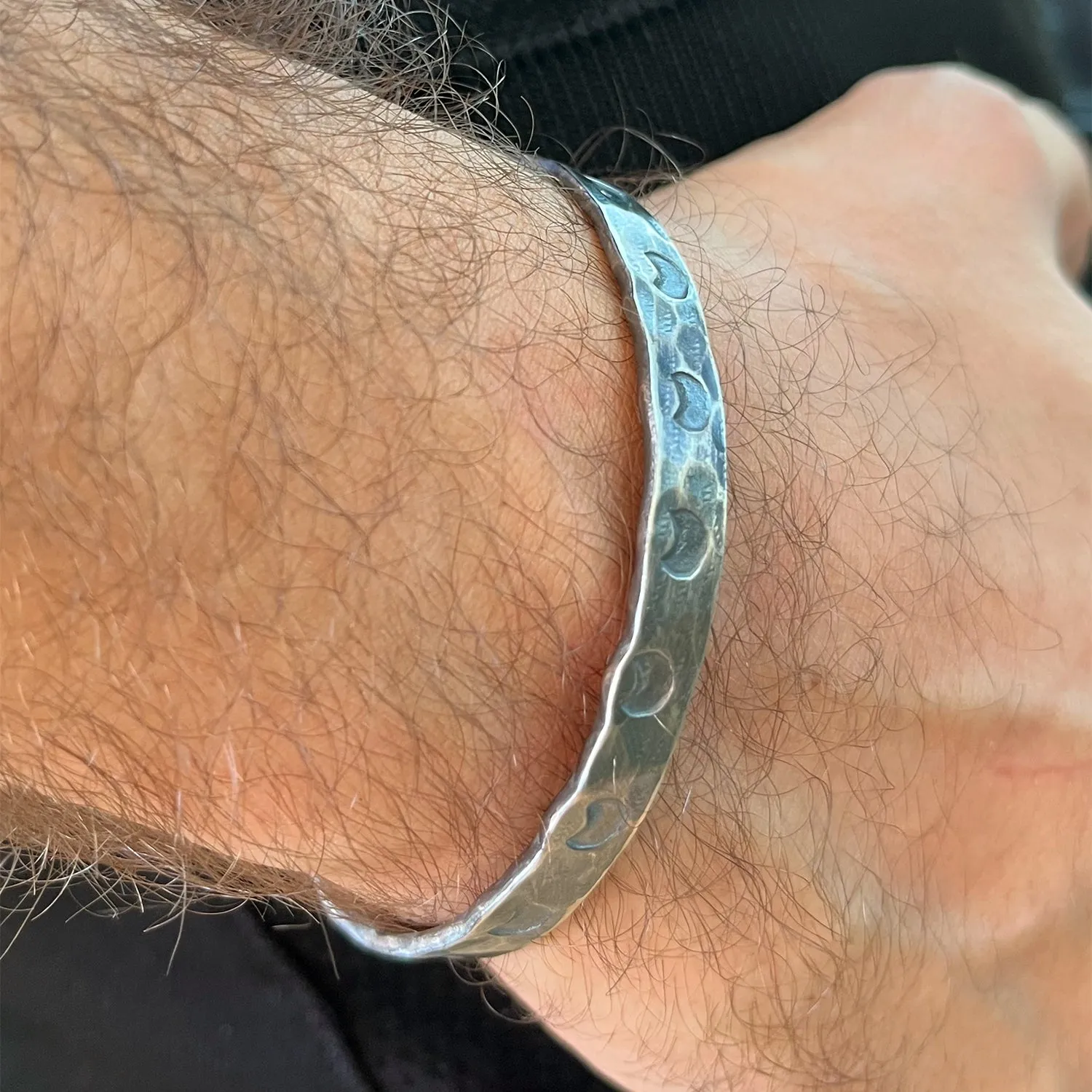 Chicotta Men's Handcrafted Sterling Silver One-Size Randomly Hammered Thick Cuff Bracelet with Engraved Half-moons