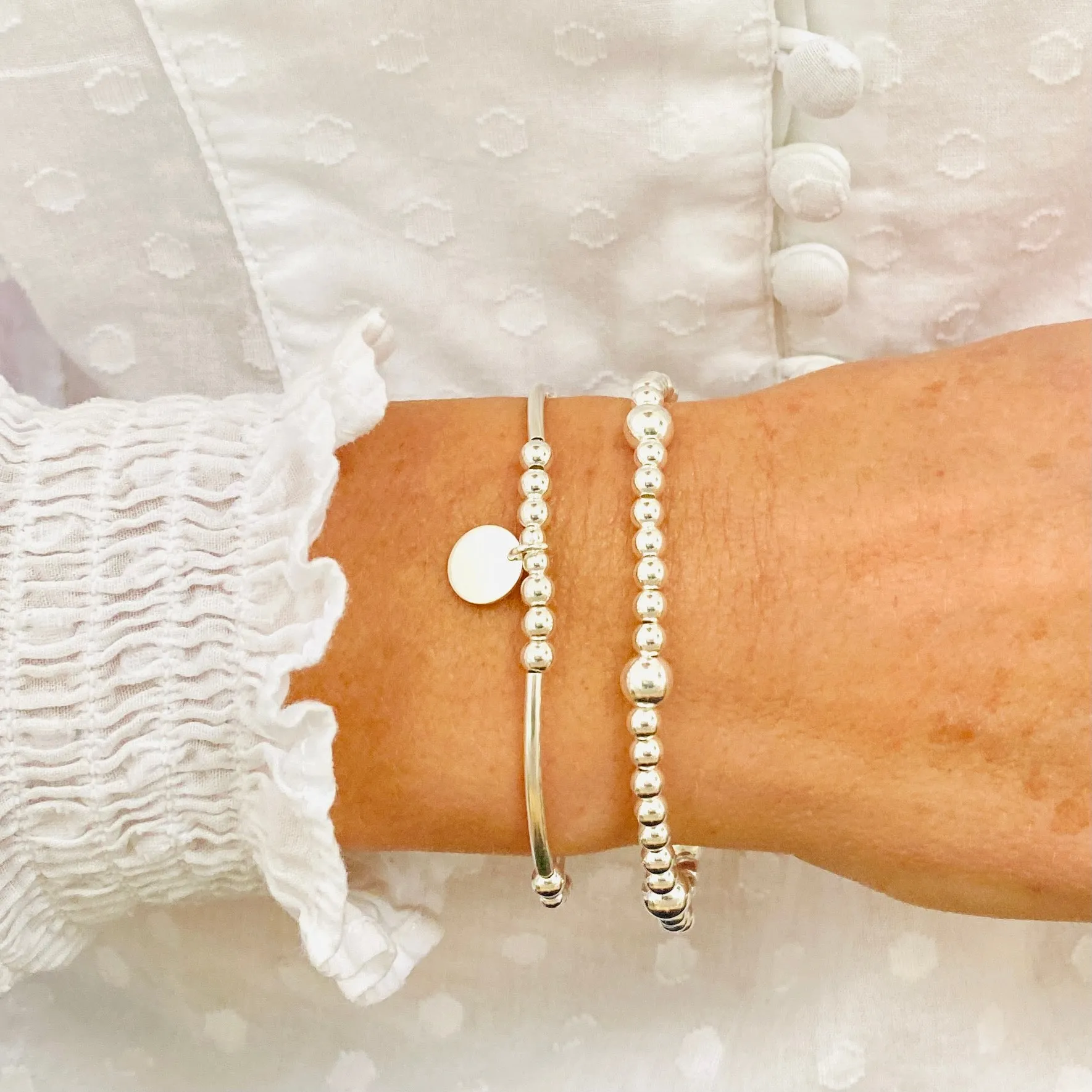 CORAL | Silver Disc Bracelet Stack (Can be personalised)