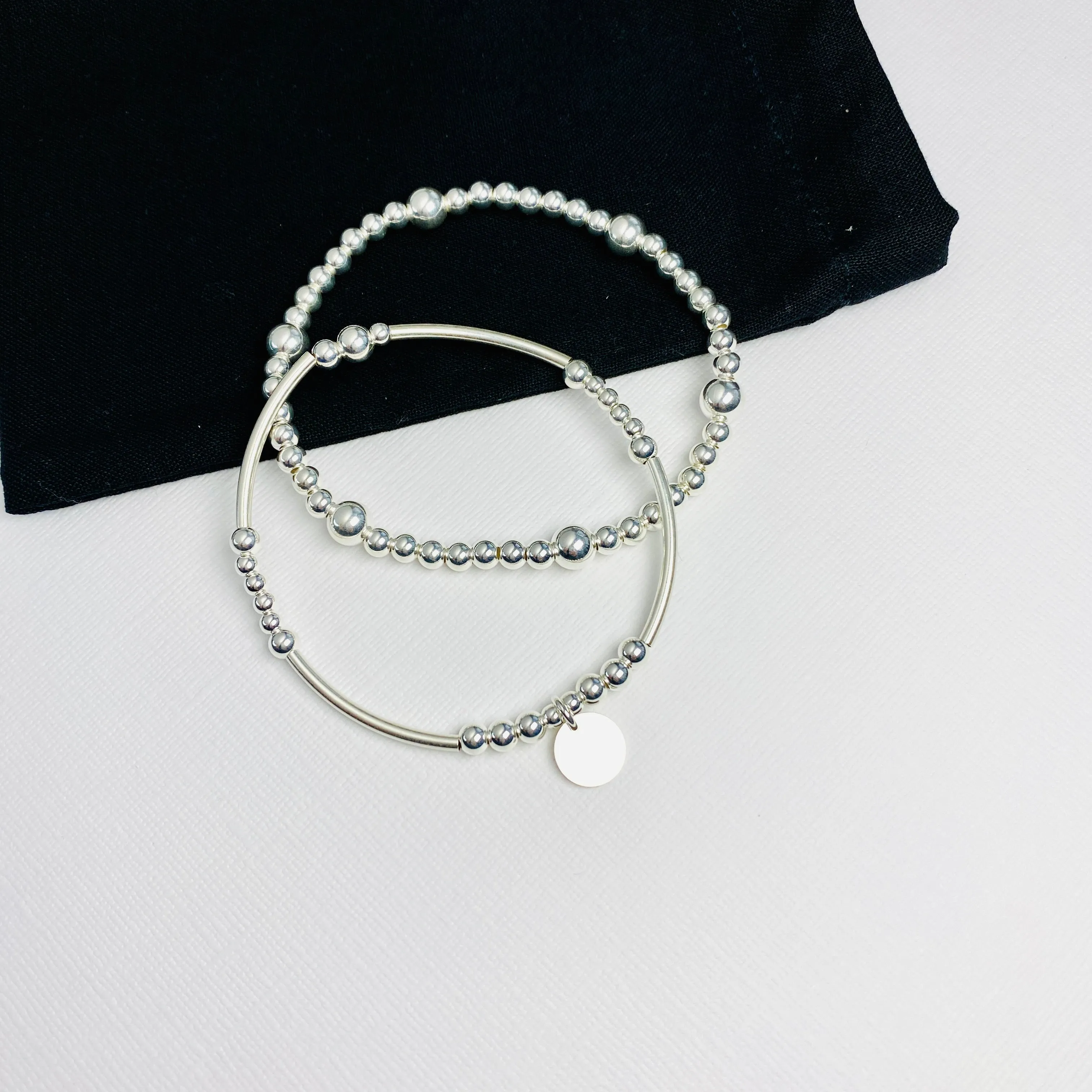 CORAL | Silver Disc Bracelet Stack (Can be personalised)